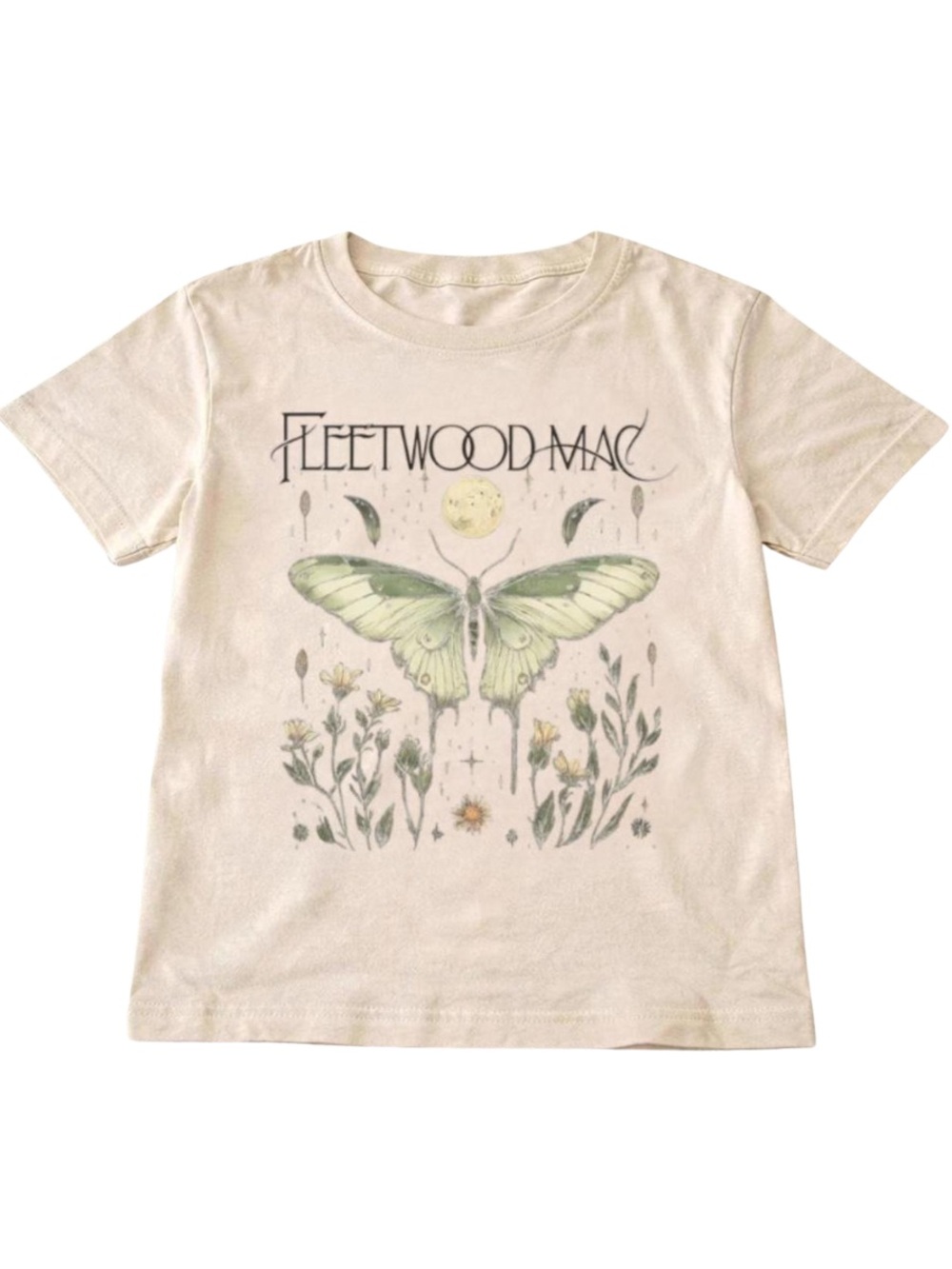 Vintage Cream Fleetwood Mac Tee with Green Butterfly Flowers Graphic
